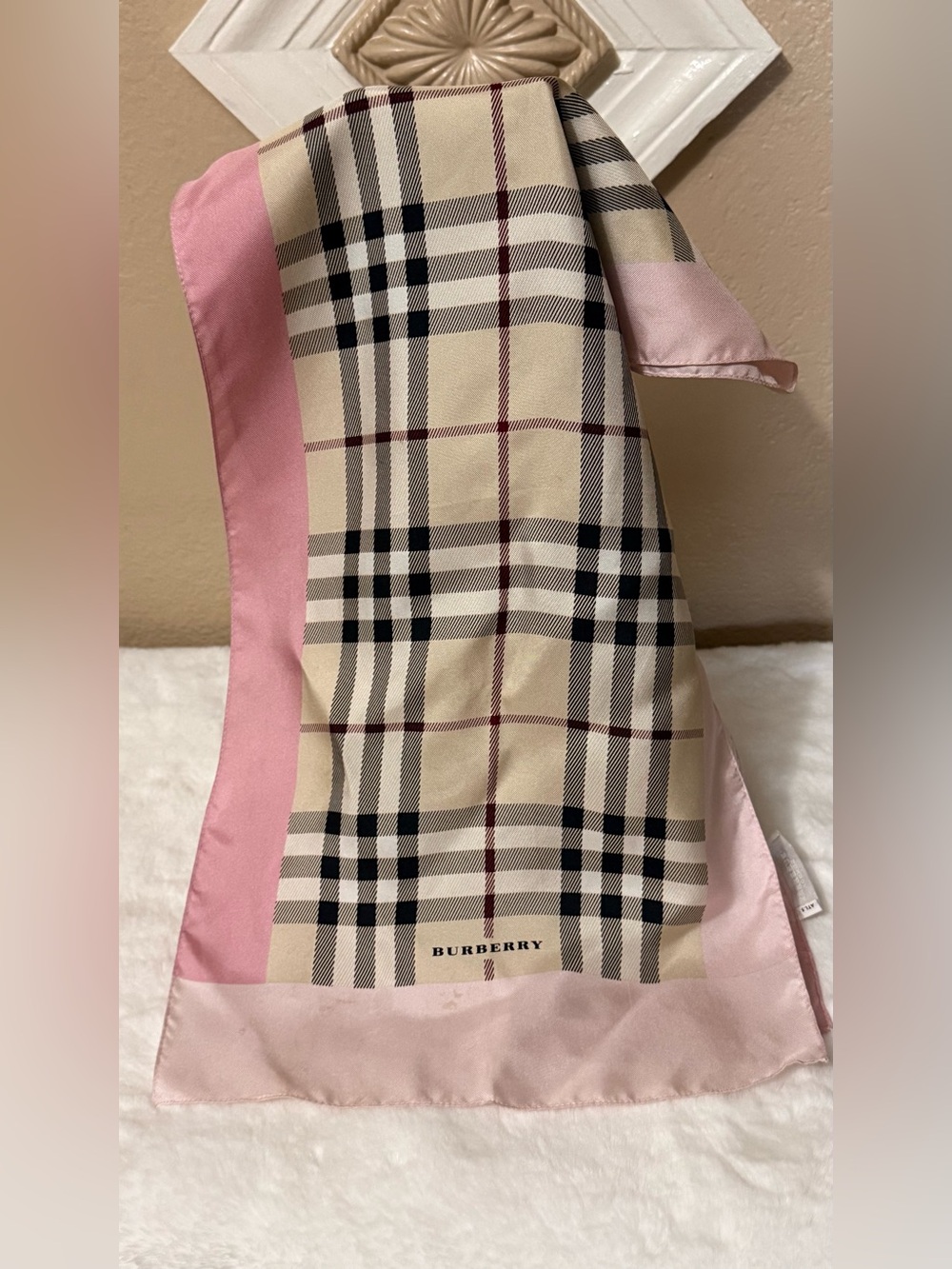Burberry Beige Plaid Silk Scarf with Pink Border